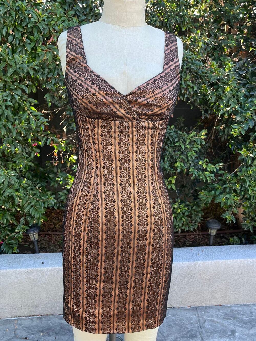 Vintage USA Made Brown Black Lace Print Sheath Cocktail Dress Sleeveless V-Neck